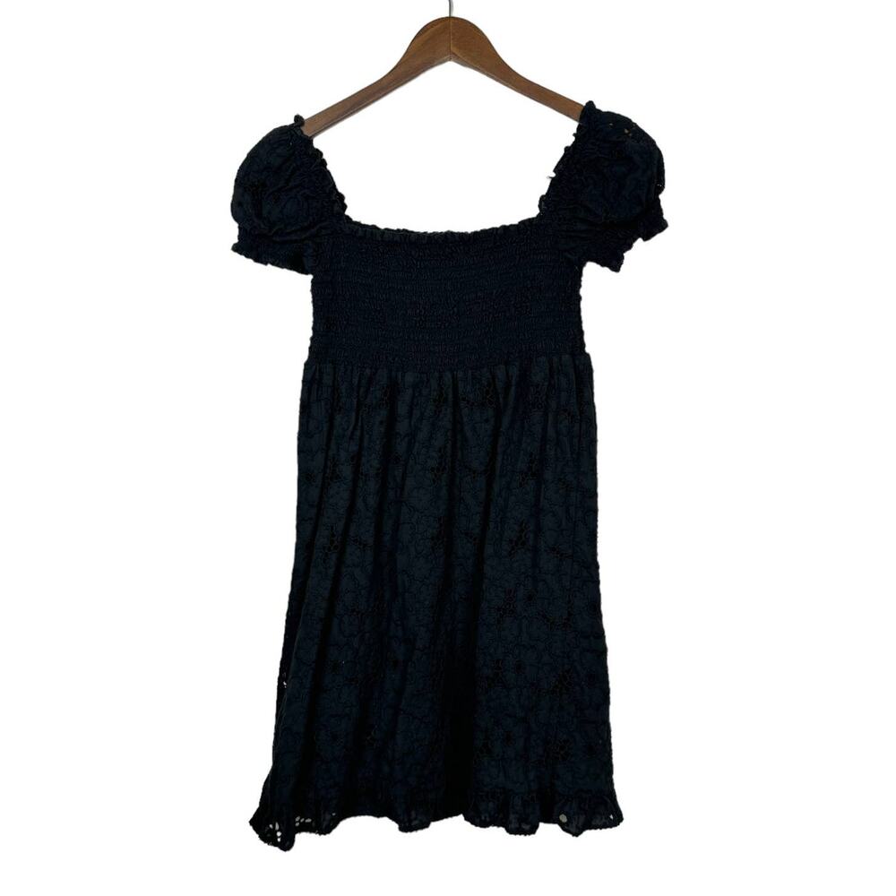 Juicy Couture Black Eyelet Smocked Mini Babydoll Cotton Summer Dress w Pockets - Picture 2 of 7